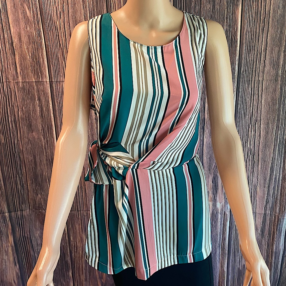 Nordstrom Lush NWT vertical stripes green white & pink blouse size large